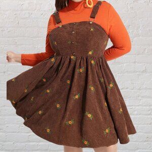 3X Floral Embroidered Corduroy Dress